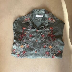 Olive Embroidered Button Down Silk Shirt